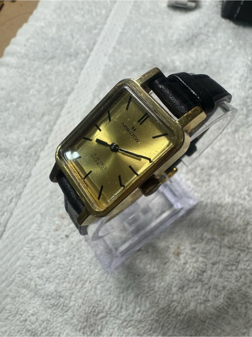 #080 Hamilton Gold-Tone Rectangular Dress Watch with Black Strap